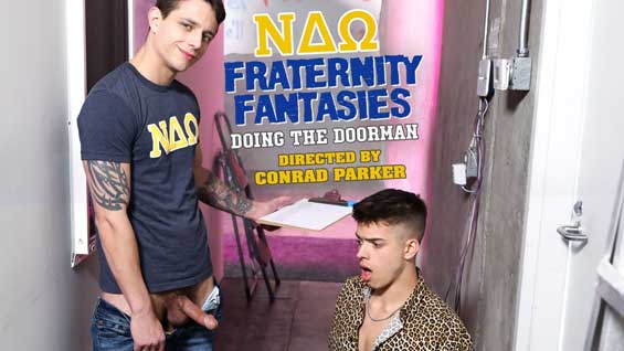 Kyle Wyncrest is on doorman duty at the frat's big Friday party. When pledge Evan Knoxx shows up without the requisite two hot girls in tow, Kyle suggests Evan earn entry in a hornier way.