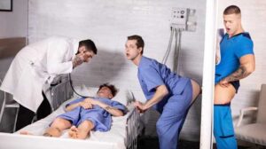 Hospital nurse Clark Delgaty finds a surprise while mopping the floor: a hidden glory hole! He peeks through and sees sexy nurse Benjamin Blue changing into scrubs.