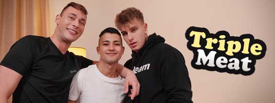 Calum and Joel are roommates who go for a run, when they get home they catch their third roommate at jerking off. Mito isn't upset to be interrupted, and the three enjoy eachothers bodies.