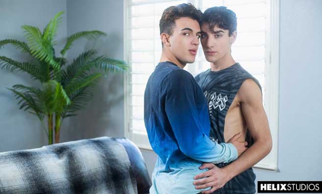 Sebastian Cruz and Matthew Grey smolder as they come into fine boy focus, making out like horny high schoolers as they strip down. Sebastian kisses Grey's nipple, then eases his way down south.