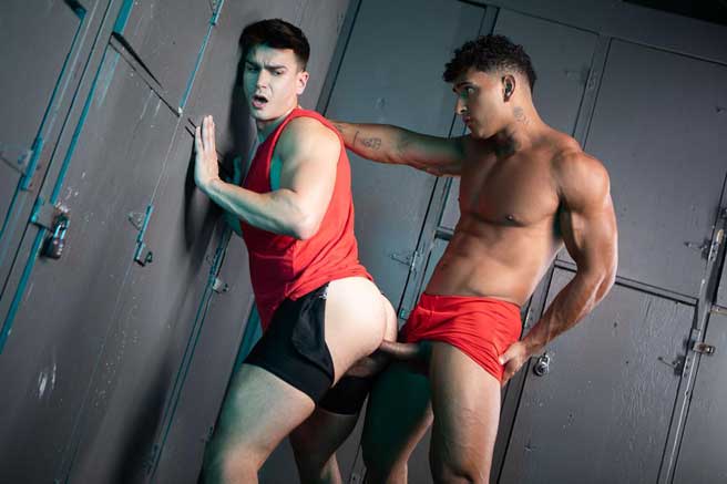 Mister Deep Voice spies Kenzo Alvarez checking out a hot girl's ass at the gym and getting hard, so he asks for a spot, where he has a perfect view of that boner in his face.