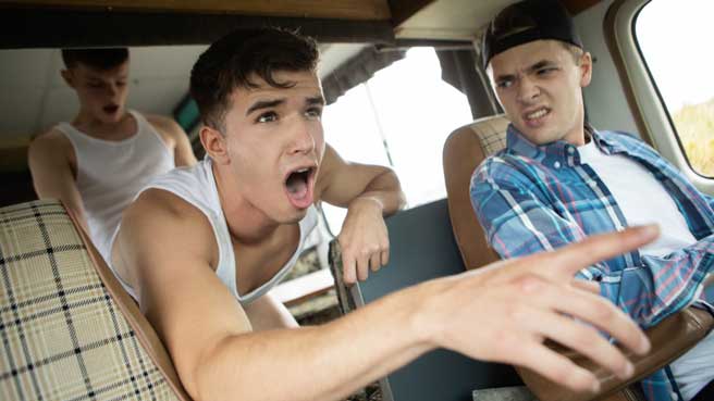 Twinks Jake Preston and Troye Dean are rolling down the road to the big festival in their RV when they spot a hot hitchhiker with the same destination and pull over to pick him up.