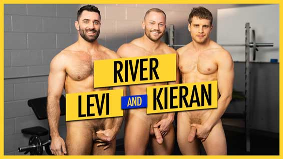 Horny tops Levi and River see hottie Kieran working out, and he takes notice of them, too. The guys strike up a chat and before long they're kissing and undressing in the gym.