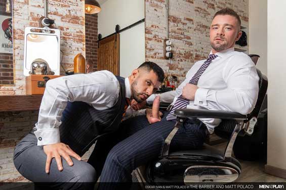 Polish Hunk Matt Polaco visits skilled barber Oskar Ivan for a beard trimming to keep it shorter. When the sexy barber trims Matt and gives him a facial massage, he can't help his cock from stiffening up!